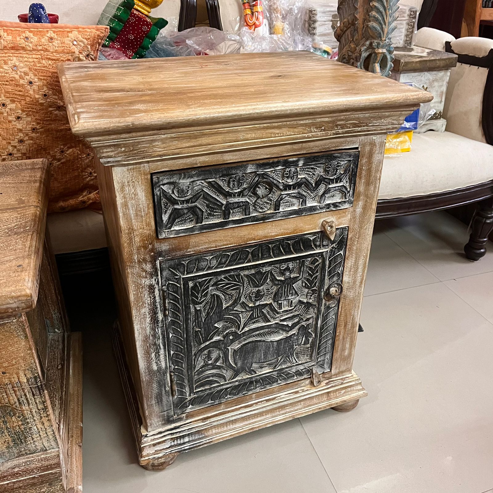 Hand-Carved Tribal Art Wooden Bedside Cabinet